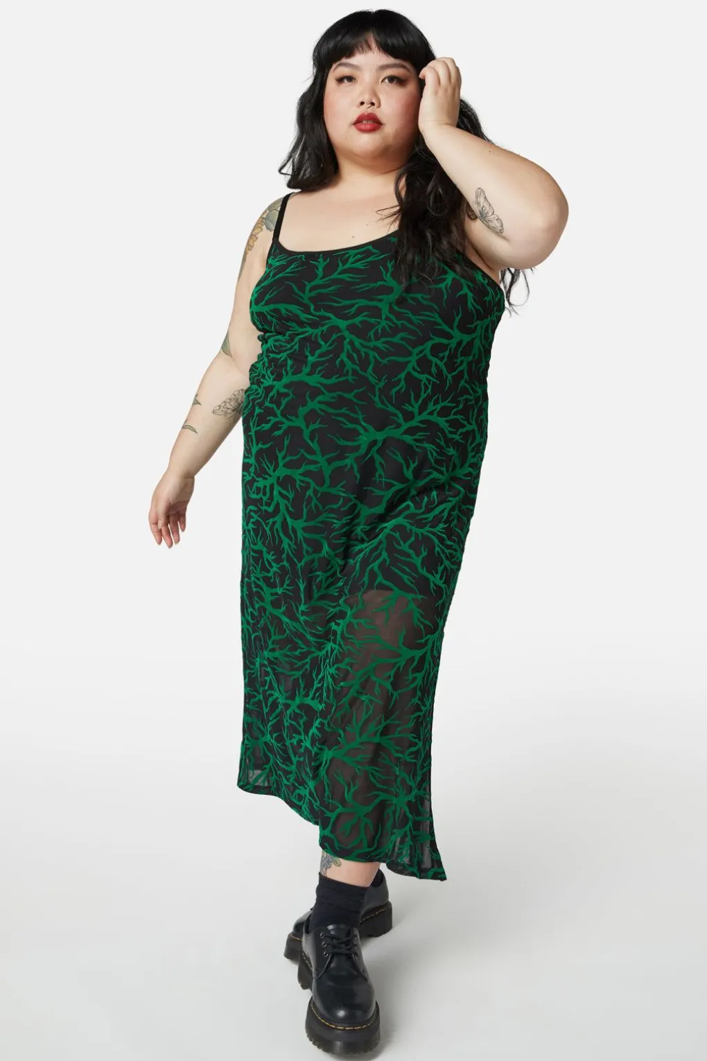 Curve Neglected Flocked Mesh Midi Dress