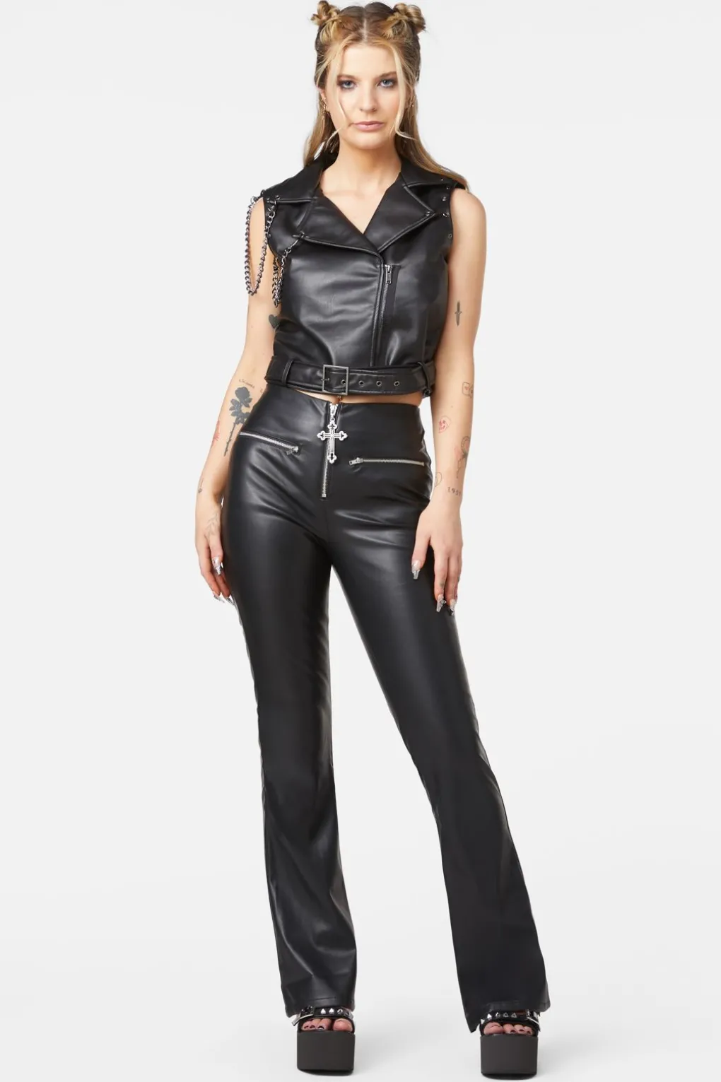 Punk Eyelet Pu Belted Vest